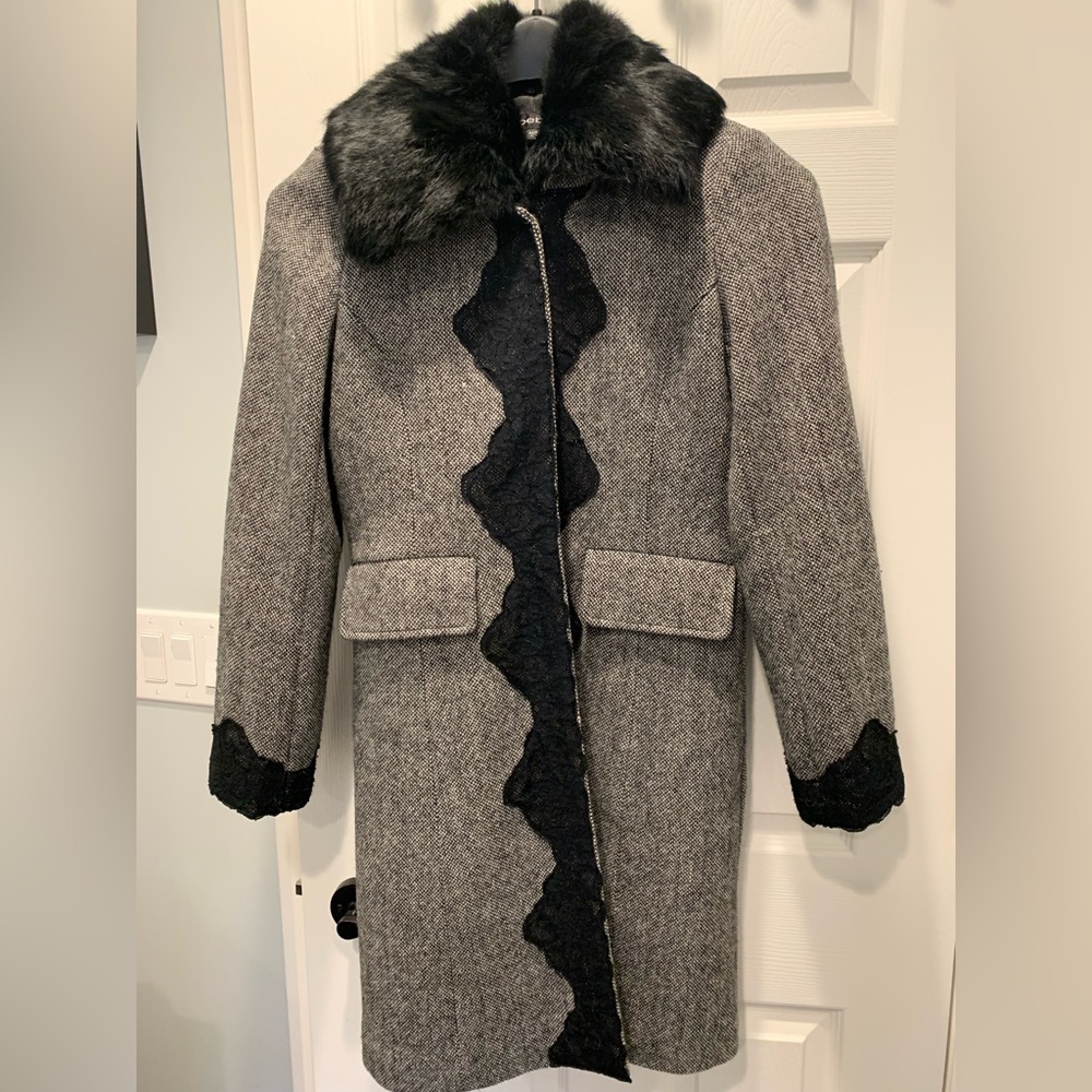 Vintage Bebe Tweed coat with lace detail and removable rabbit fur collar
